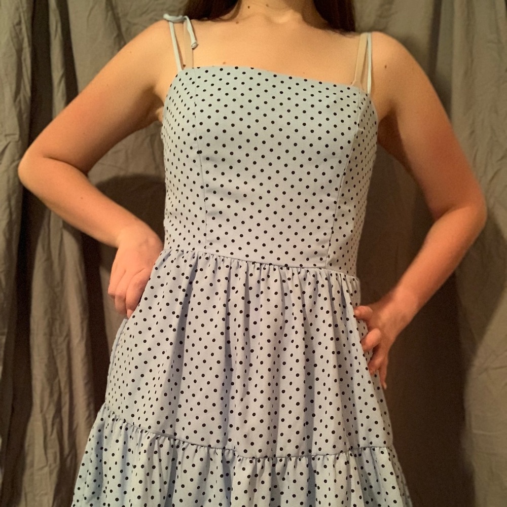 Light blue sundress with navy polka dots